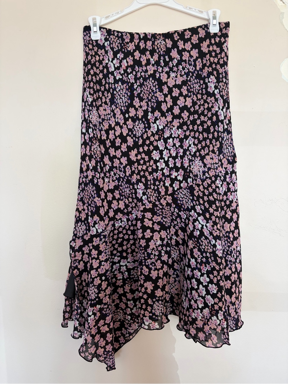 Women's Black Floral Midi Skirt with Pink Print